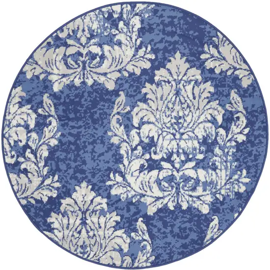 5' Navy Blue and Ivory Damask Distressed Round Rug Photo 2