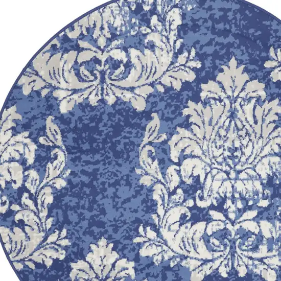 5' Navy Blue and Ivory Damask Distressed Round Rug Photo 4