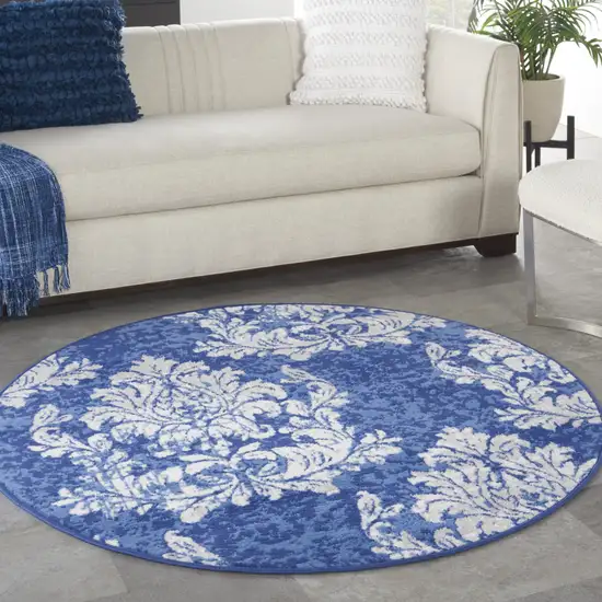 5' Navy Blue and Ivory Damask Distressed Round Rug Photo 7