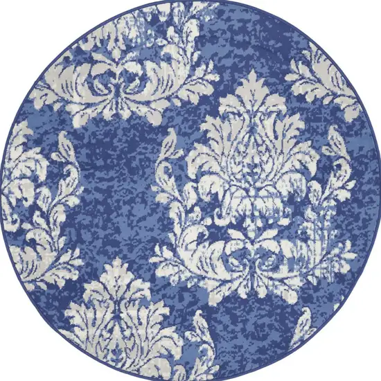 5' Navy Blue and Ivory Damask Distressed Round Rug Photo 5