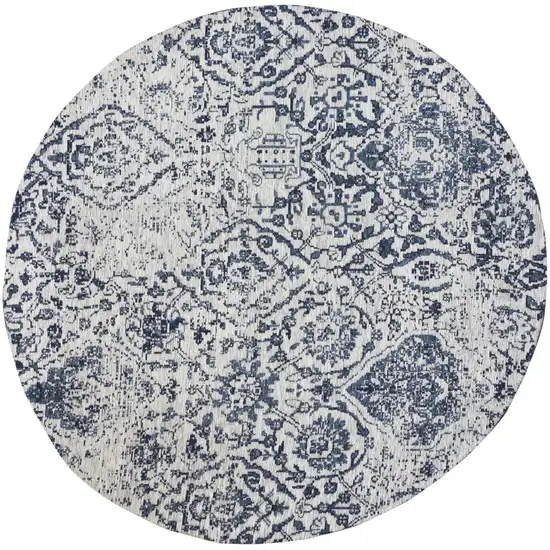 4' Navy Blue and Ivory Damask Distressed Round Rug Photo 4