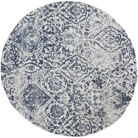 4' Navy Blue and Ivory Damask Distressed Round Rug Photo 2