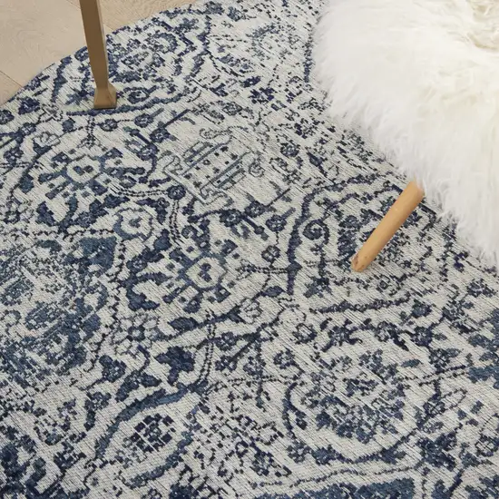 4' Navy Blue and Ivory Damask Distressed Round Rug Photo 7