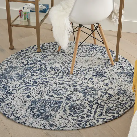 4' Navy Blue and Ivory Damask Distressed Round Rug Photo 6