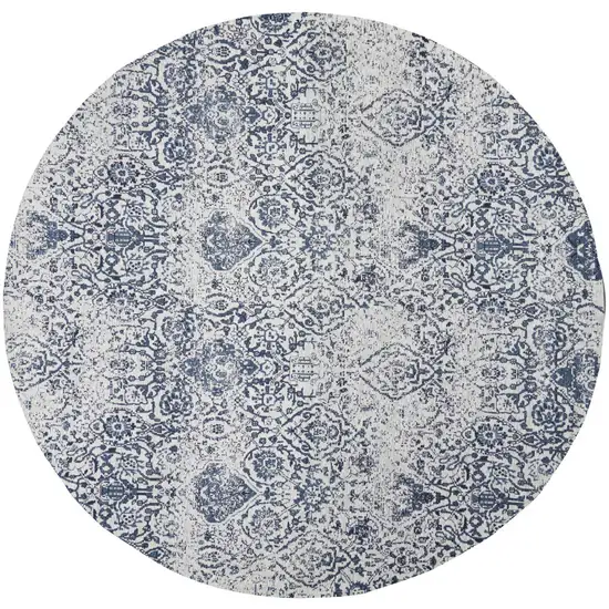 8' Navy Blue and Ivory Damask Distressed Round Rug Photo 4