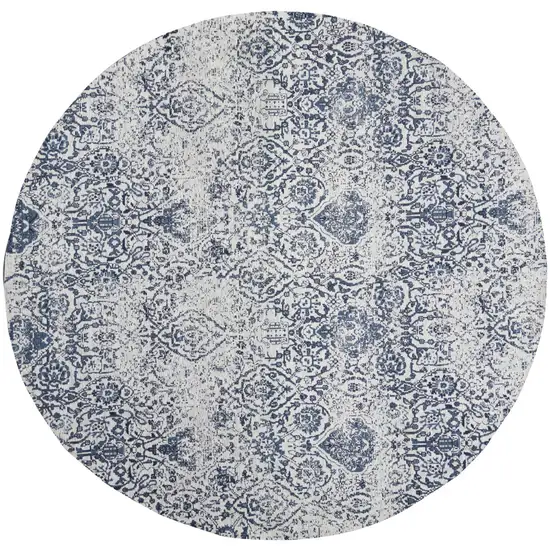 8' Navy Blue and Ivory Damask Distressed Round Rug Photo 2