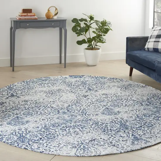 8' Navy Blue and Ivory Damask Distressed Round Rug Photo 7