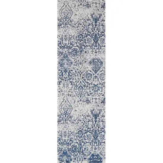 8' Navy Blue and Ivory Damask Distressed Runner Rug Photo 2