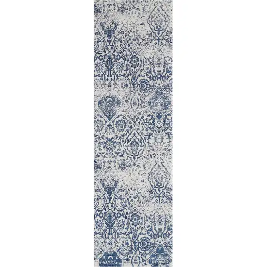 8' Navy Blue and Ivory Damask Distressed Runner Rug Photo 4