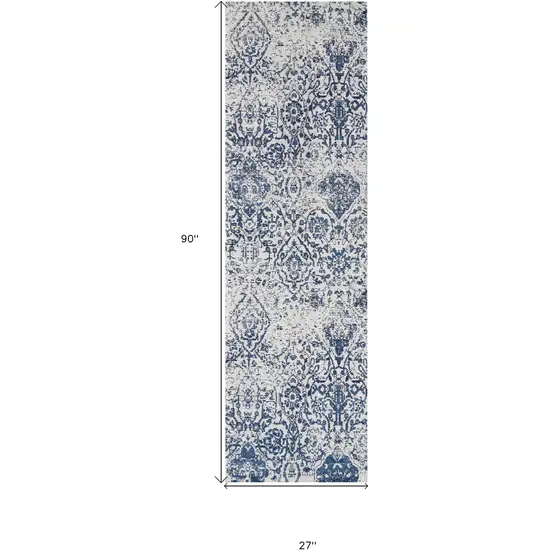 8' Navy Blue and Ivory Damask Distressed Runner Rug Photo 3