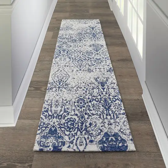 8' Navy Blue and Ivory Damask Distressed Runner Rug Photo 8