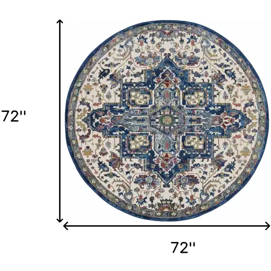 6' Navy Blue and Ivory Floral Medallion Distressed Non Skid Round Rug Photo 3