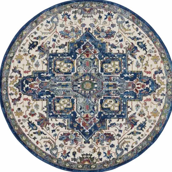 6' Navy Blue and Ivory Floral Medallion Distressed Non Skid Round Rug Photo 9