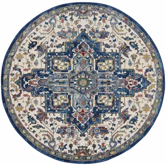 6' Navy Blue and Ivory Floral Medallion Distressed Non Skid Round Rug Photo 2