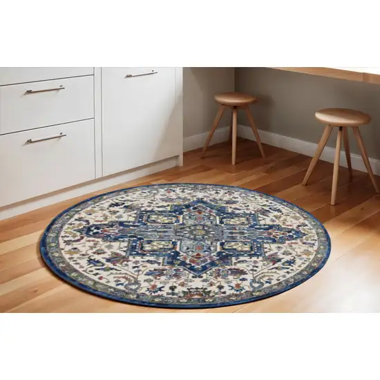 6' Navy Blue and Ivory Floral Medallion Distressed Non Skid Round Rug Photo 1