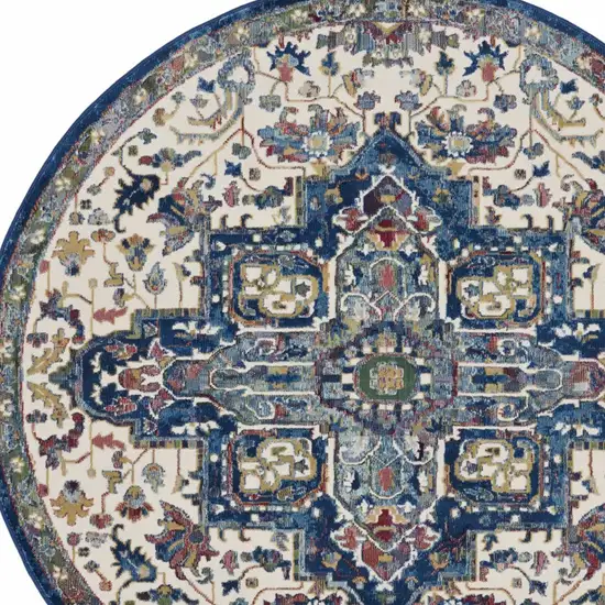 6' Navy Blue and Ivory Floral Medallion Distressed Non Skid Round Rug Photo 8