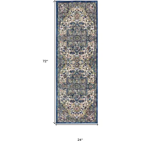 6' Navy Blue and Ivory Floral Medallion Distressed Non Skid Runner Rug Photo 3