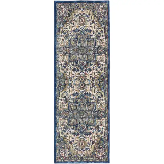 6' Navy Blue and Ivory Floral Medallion Distressed Non Skid Runner Rug Photo 2