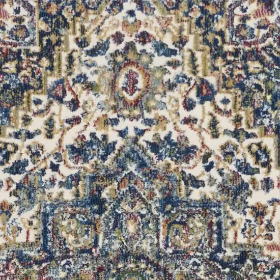 8' Navy Blue and Ivory Floral Medallion Distressed Non Skid Runner Rug Photo 8