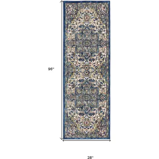 8' Navy Blue and Ivory Floral Medallion Distressed Non Skid Runner Rug Photo 3