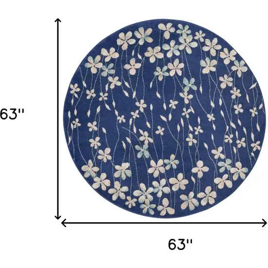 5' Navy Blue and Ivory Floral Round Rug Photo 3