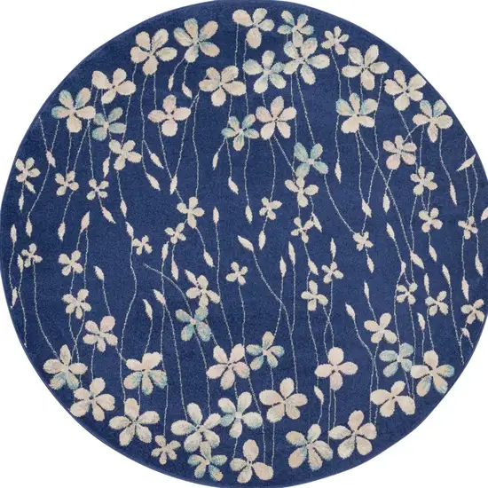 5' Navy Blue and Ivory Floral Round Rug Photo 8