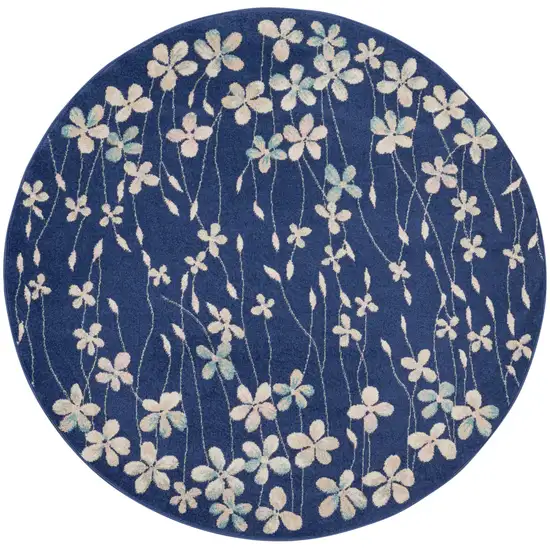 5' Navy Blue and Ivory Floral Round Rug Photo 2