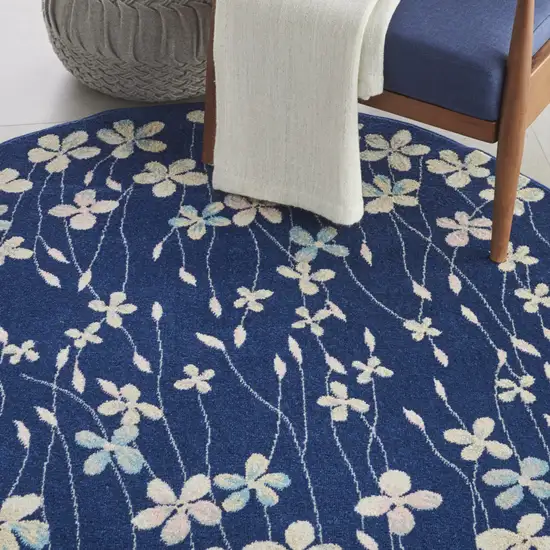 5' Navy Blue and Ivory Floral Round Rug Photo 9