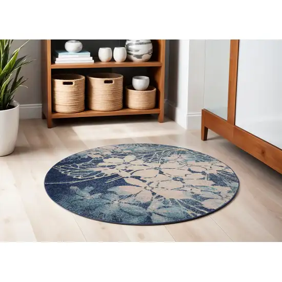 5' Navy Blue and Ivory Floral Round Rug Photo 1