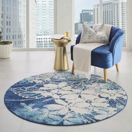 5' Navy Blue and Ivory Floral Round Rug Photo 8