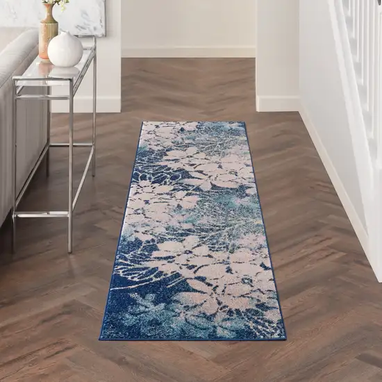 7' Navy Blue and Ivory Floral Runner Rug Photo 8