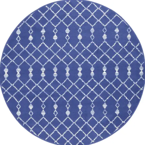 5' Navy Blue and Ivory Geometric Round Rug Photo 8