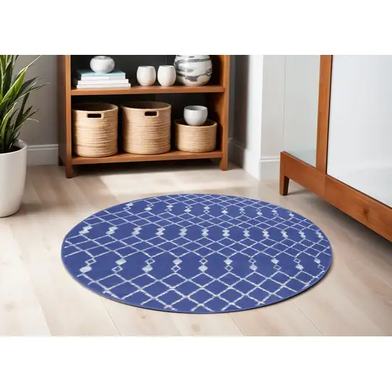 5' Navy Blue and Ivory Geometric Round Rug Photo 1