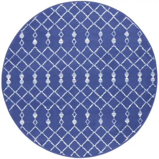 5' Navy Blue and Ivory Geometric Round Rug Photo 2