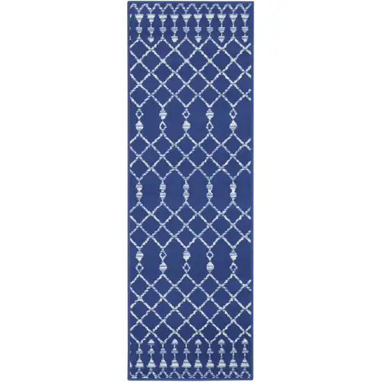 8' Navy Blue and Ivory Moroccan Distressed Non Skid Runner Rug Photo 2