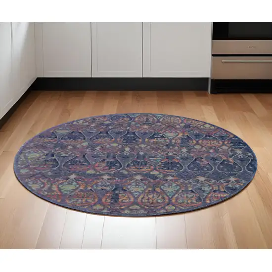 6' Navy Blue and Orange Ogee Distressed Non Skid Round Rug Photo 1