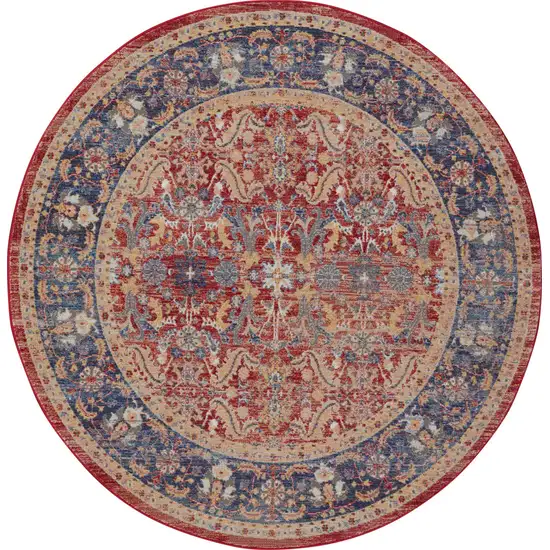 6' Navy Blue and Red Floral Distressed Non Skid Round Rug Photo 4