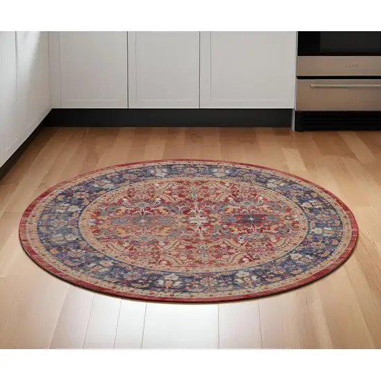 6' Navy Blue and Red Floral Distressed Non Skid Round Rug Photo 1