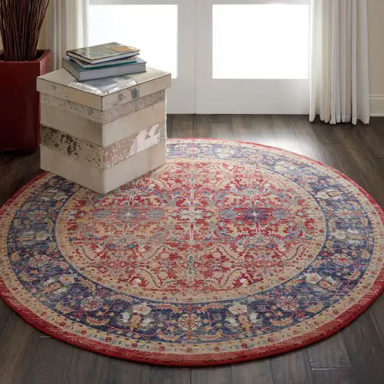 6' Navy Blue and Red Floral Distressed Non Skid Round Rug Photo 9