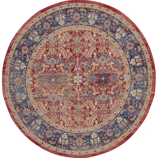 6' Navy Blue and Red Floral Distressed Non Skid Round Rug Photo 2