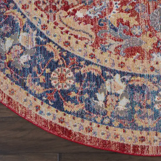 6' Navy Blue and Red Floral Distressed Non Skid Round Rug Photo 6