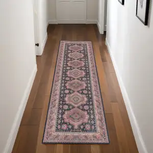 Photo of 8' Navy Blue and Red Medallion Distressed Non Skid Runner Rug