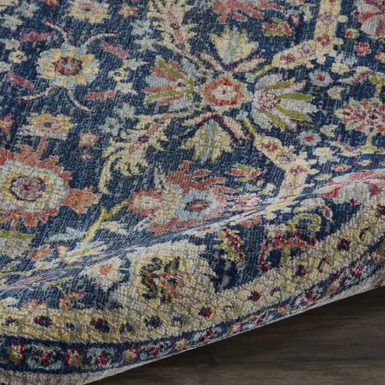 6' Navy Blue and Yellow Floral Distressed Non Skid Round Rug Photo 9