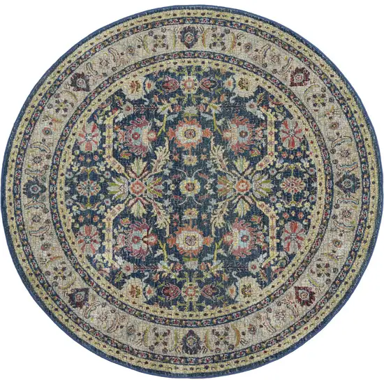 6' Navy Blue and Yellow Floral Distressed Non Skid Round Rug Photo 4