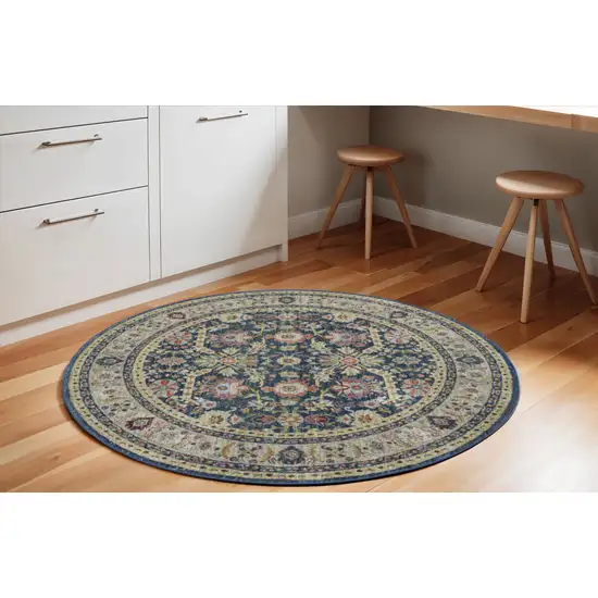 6' Navy Blue and Yellow Floral Distressed Non Skid Round Rug Photo 1