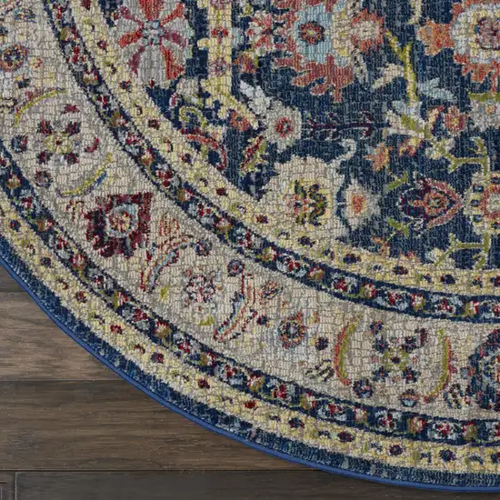 6' Navy Blue and Yellow Floral Distressed Non Skid Round Rug Photo 6