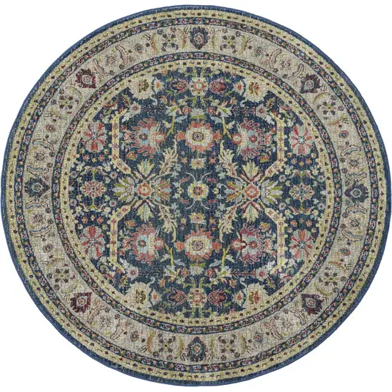 6' Navy Blue and Yellow Floral Distressed Non Skid Round Rug Photo 2