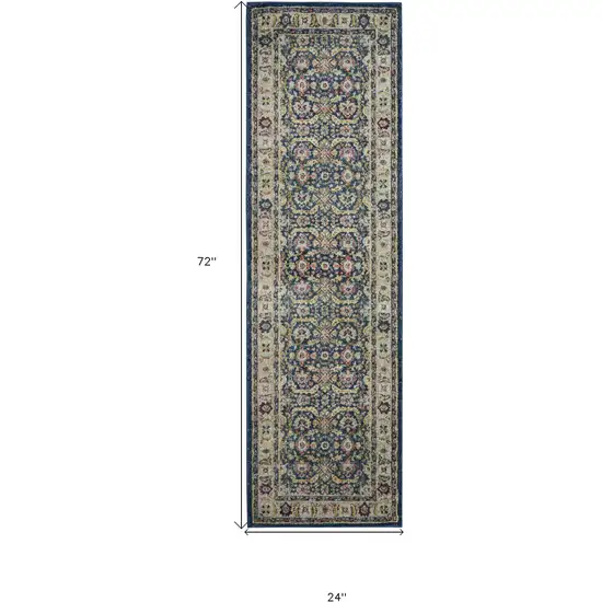 6' Navy Blue and Yellow Floral Distressed Non Skid Runner Rug Photo 3