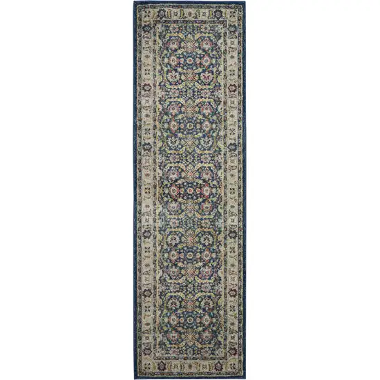 6' Navy Blue and Yellow Floral Distressed Non Skid Runner Rug Photo 2