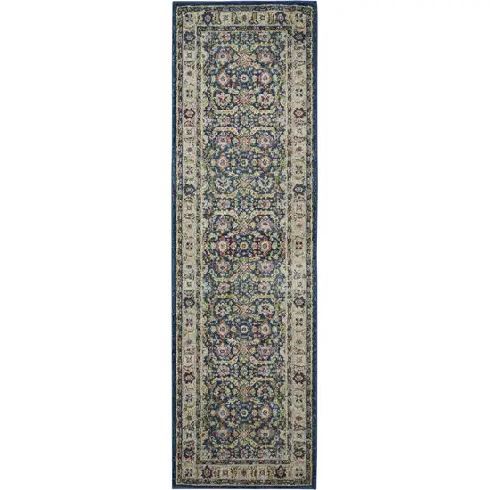 6' Navy Blue and Yellow Floral Distressed Non Skid Runner Rug Photo 4